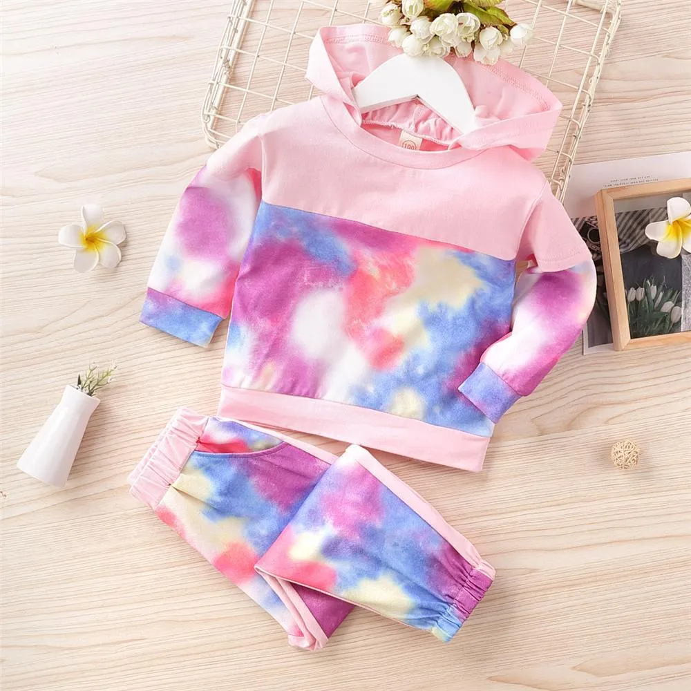 Girls Long Sleeve Tie Dye Splicing Hooded Top & Pants Wholesale Girls