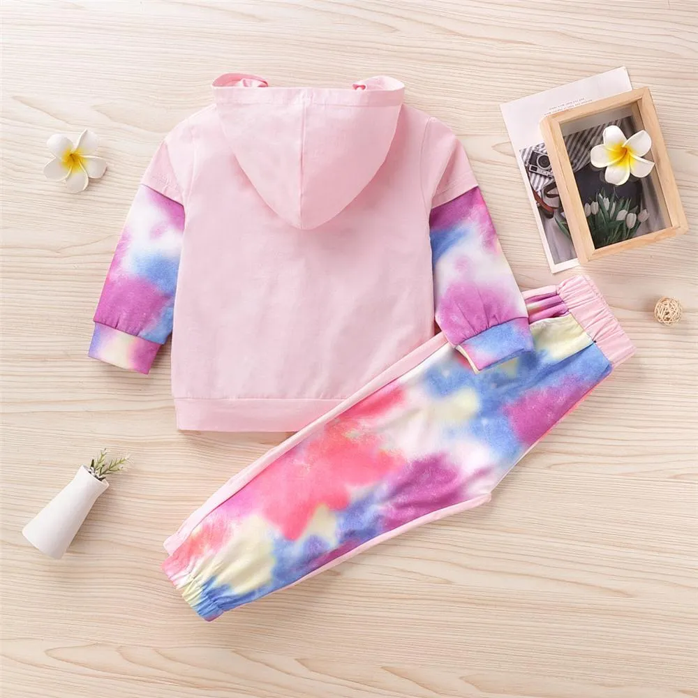 Girls Long Sleeve Tie Dye Splicing Hooded Top & Pants Wholesale Girls