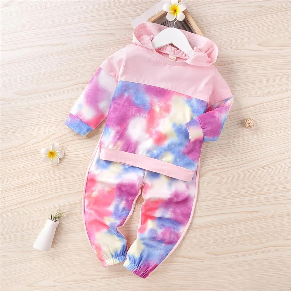 Girls Long Sleeve Tie Dye Splicing Hooded Top & Pants Wholesale Girls