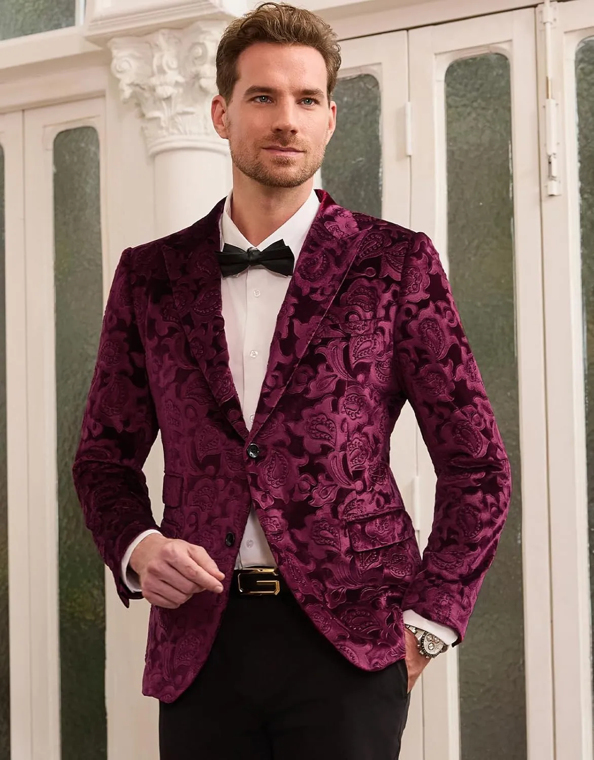 GRACE KARIN Mens Velvet Blazer Two Button Slim Fit Suit Jacket Sports Coats for Men Prom Wedding Dinner Party