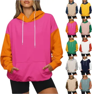 Gumipy Hoodies for Women Color Block Patchwork Oversized Sweatshirt Trendy Drawstring Long Sleeve Hoodie Pullover with Pocket