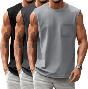 Huukeay 3 Pack Cotton Men's Big and Tall Sleeveless Tank Tops Muscle Shirts Gym Casual Workout Tees with Pocket