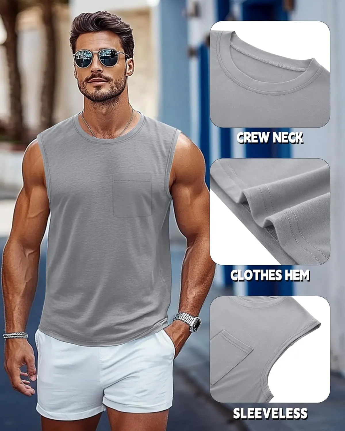 Huukeay 3 Pack Cotton Men's Big and Tall Sleeveless Tank Tops Muscle Shirts Gym Casual Workout Tees with Pocket