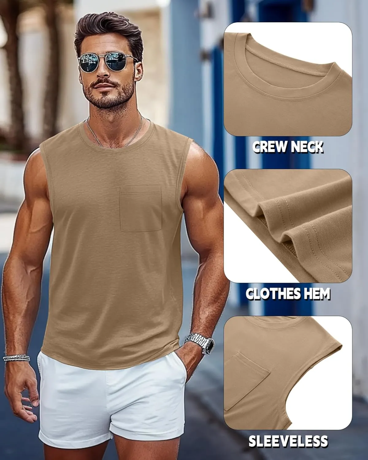 Huukeay 3 Pack Cotton Men's Big and Tall Sleeveless Tank Tops Muscle Shirts Gym Casual Workout Tees with Pocket