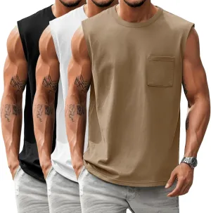 Huukeay 3 Pack Cotton Men's Big and Tall Sleeveless Tank Tops Muscle Shirts Gym Casual Workout Tees with Pocket