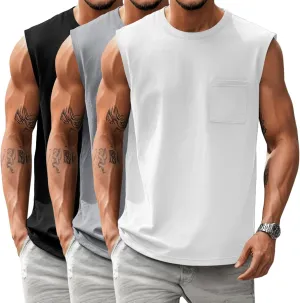Huukeay 3 Pack Cotton Men's Big and Tall Sleeveless Tank Tops Muscle Shirts Gym Casual Workout Tees with Pocket
