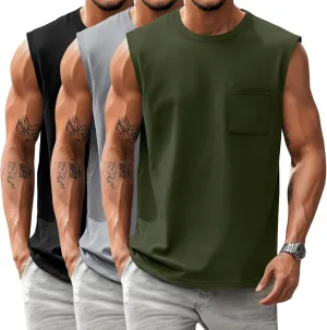Huukeay 3 Pack Cotton Men's Big and Tall Sleeveless Tank Tops Muscle Shirts Gym Casual Workout Tees with Pocket