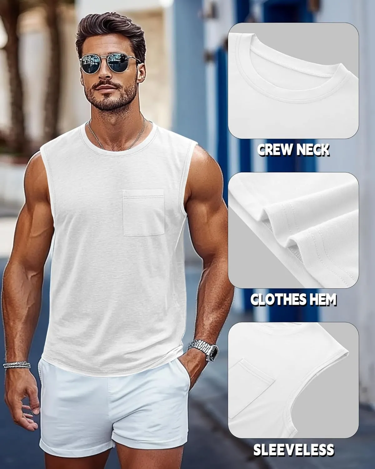 Huukeay 3 Pack Cotton Men's Big and Tall Sleeveless Tank Tops Muscle Shirts Gym Casual Workout Tees with Pocket