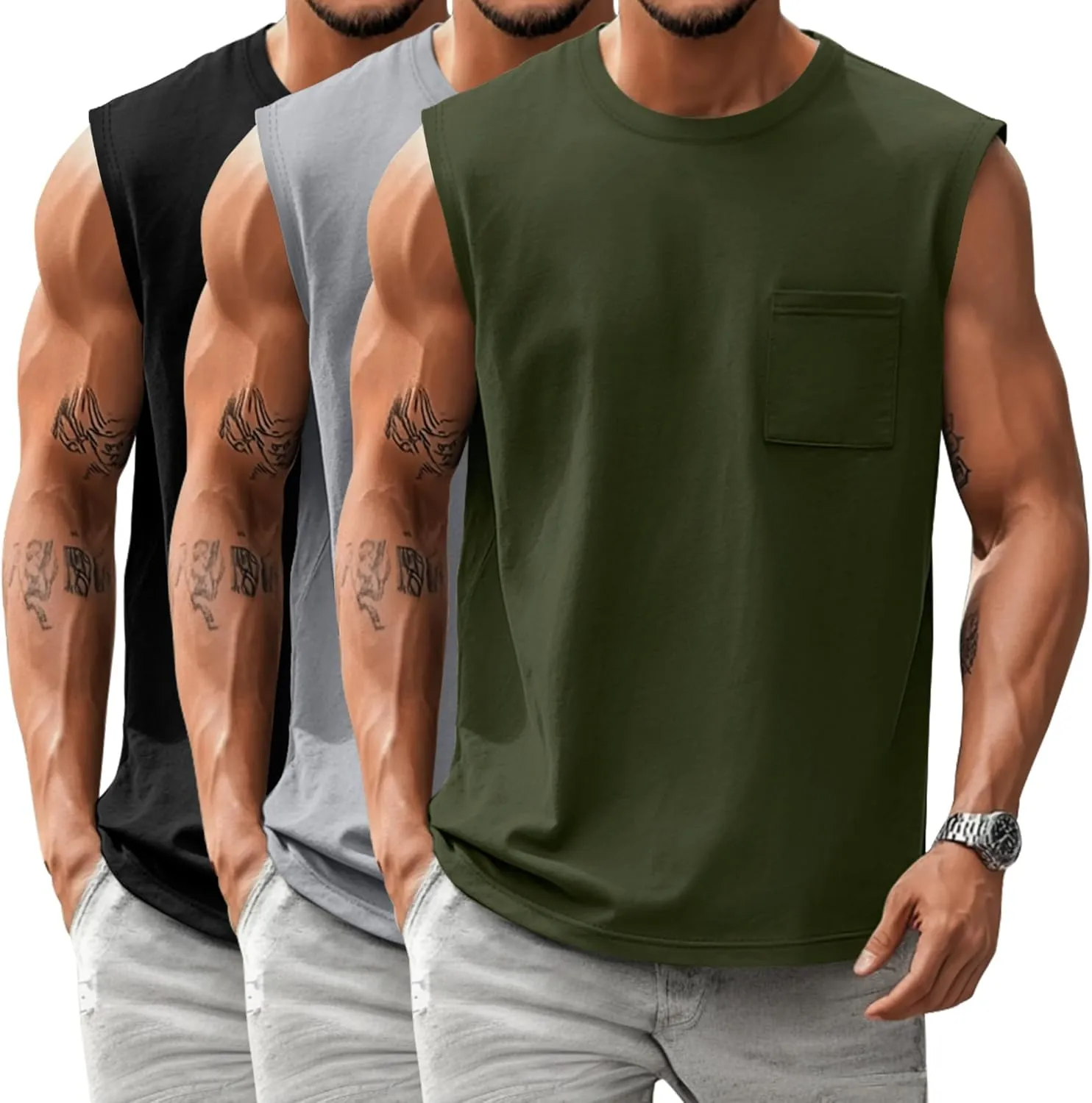 Huukeay 3 Pack Cotton Men's Big and Tall Sleeveless Tank Tops Muscle Shirts Gym Casual Workout Tees with Pocket