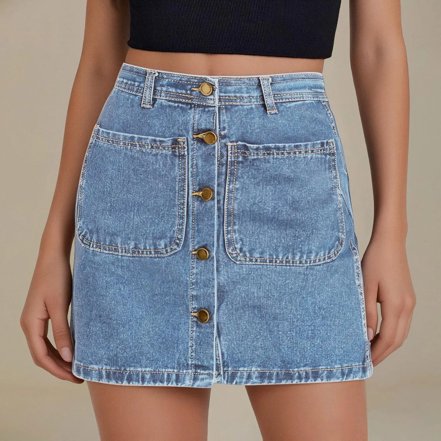 Jean Skirts for Women Denim High Waisted Trendy Stretchy Mini Button Front Short Pencil Skirt with Patch Pockets