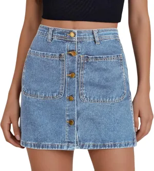 Jean Skirts for Women Denim High Waisted Trendy Stretchy Mini Button Front Short Pencil Skirt with Patch Pockets