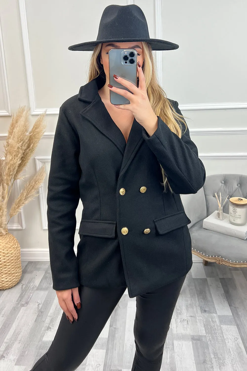 Kaylin Black Faux Wool Utility Double Breasted Blazer