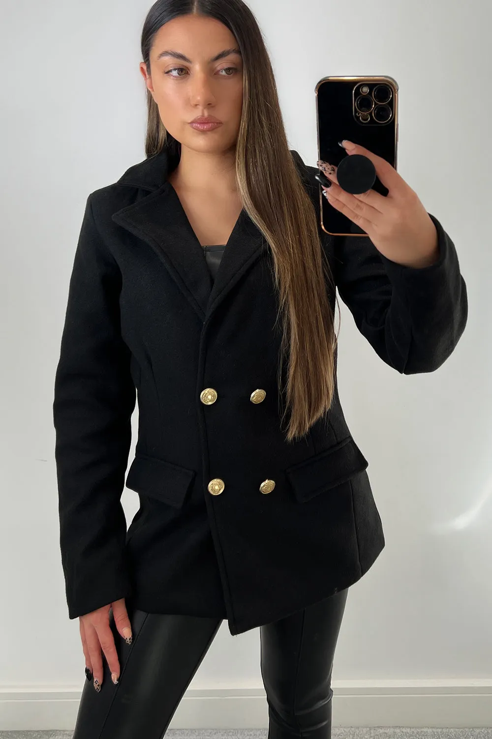 Kaylin Black Faux Wool Utility Double Breasted Blazer