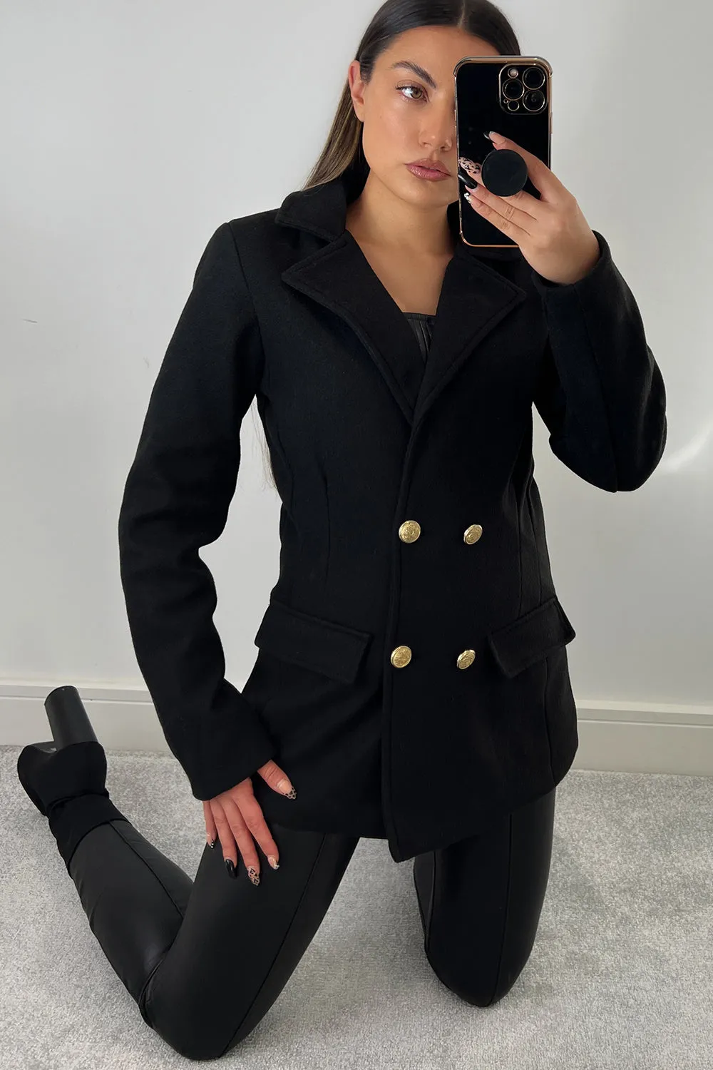 Kaylin Black Faux Wool Utility Double Breasted Blazer