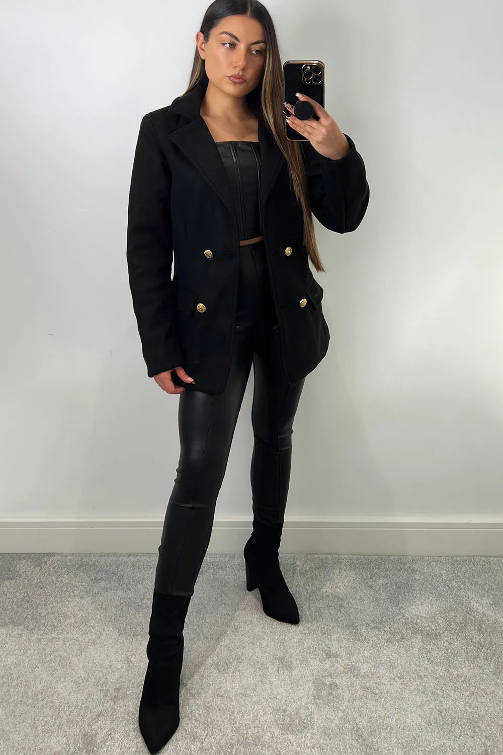 Kaylin Black Faux Wool Utility Double Breasted Blazer