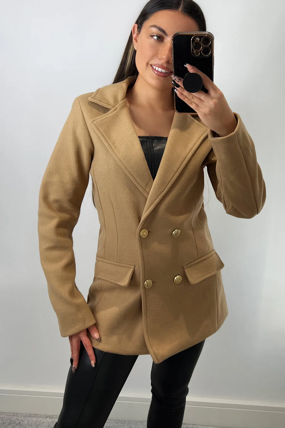 Kaylin Camel Faux Wool Utility Double Breasted Blazer