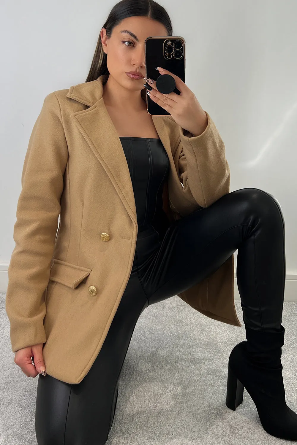 Kaylin Camel Faux Wool Utility Double Breasted Blazer