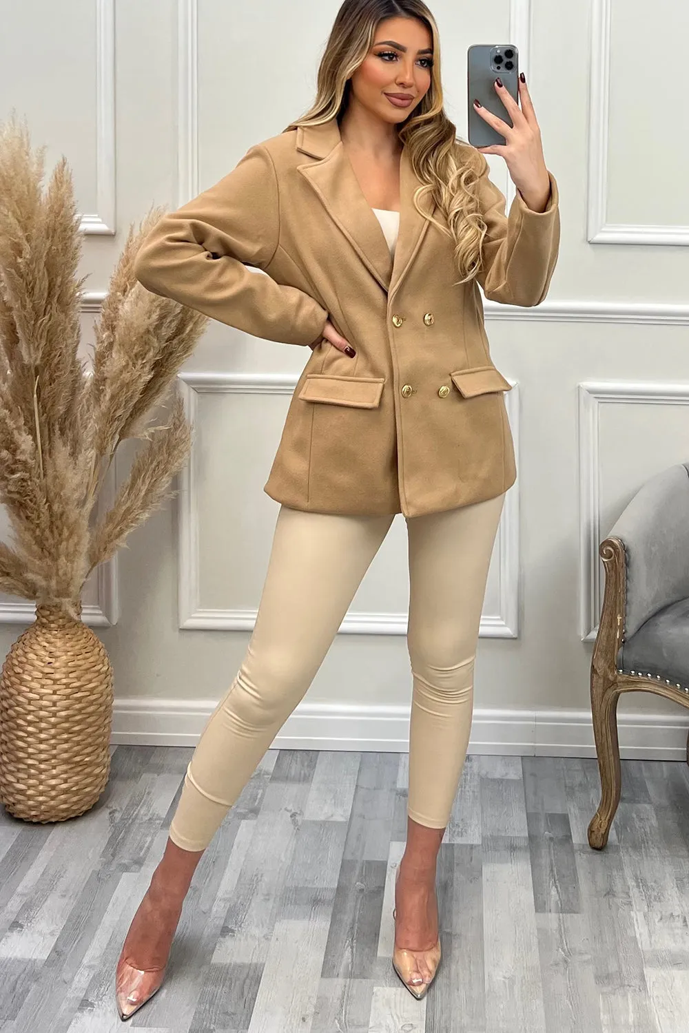 Kaylin Camel Faux Wool Utility Double Breasted Blazer