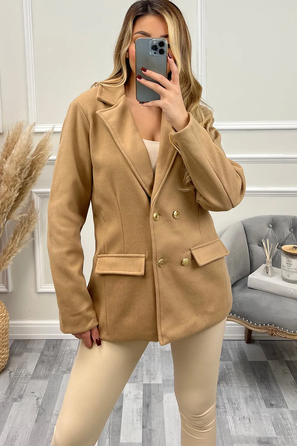 Kaylin Camel Faux Wool Utility Double Breasted Blazer
