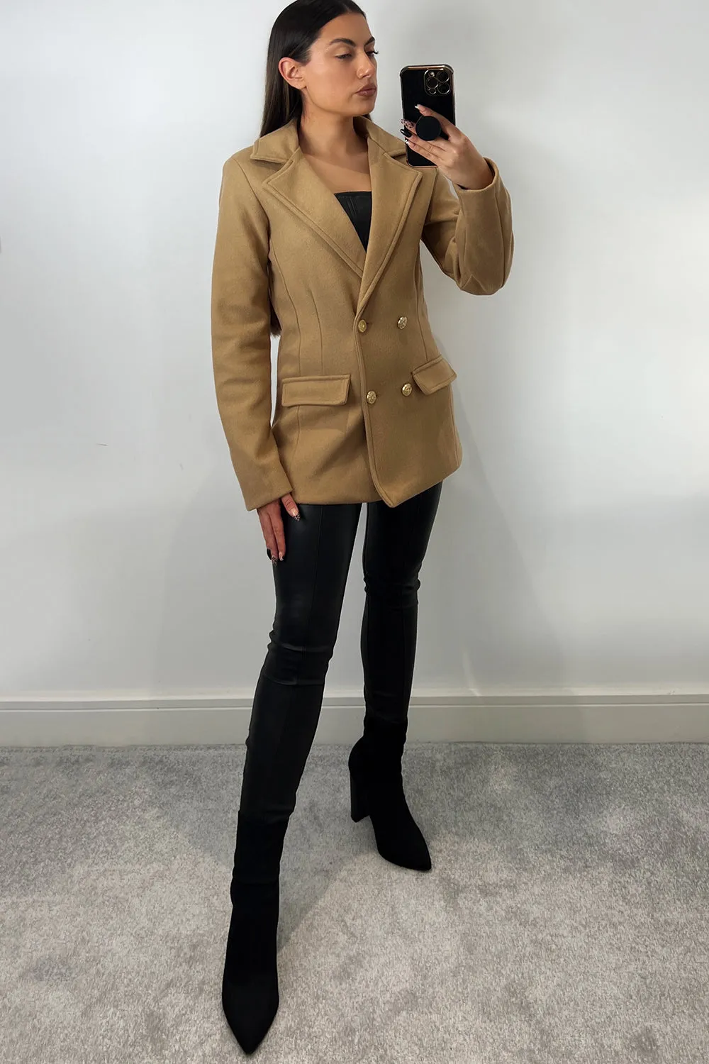 Kaylin Camel Faux Wool Utility Double Breasted Blazer