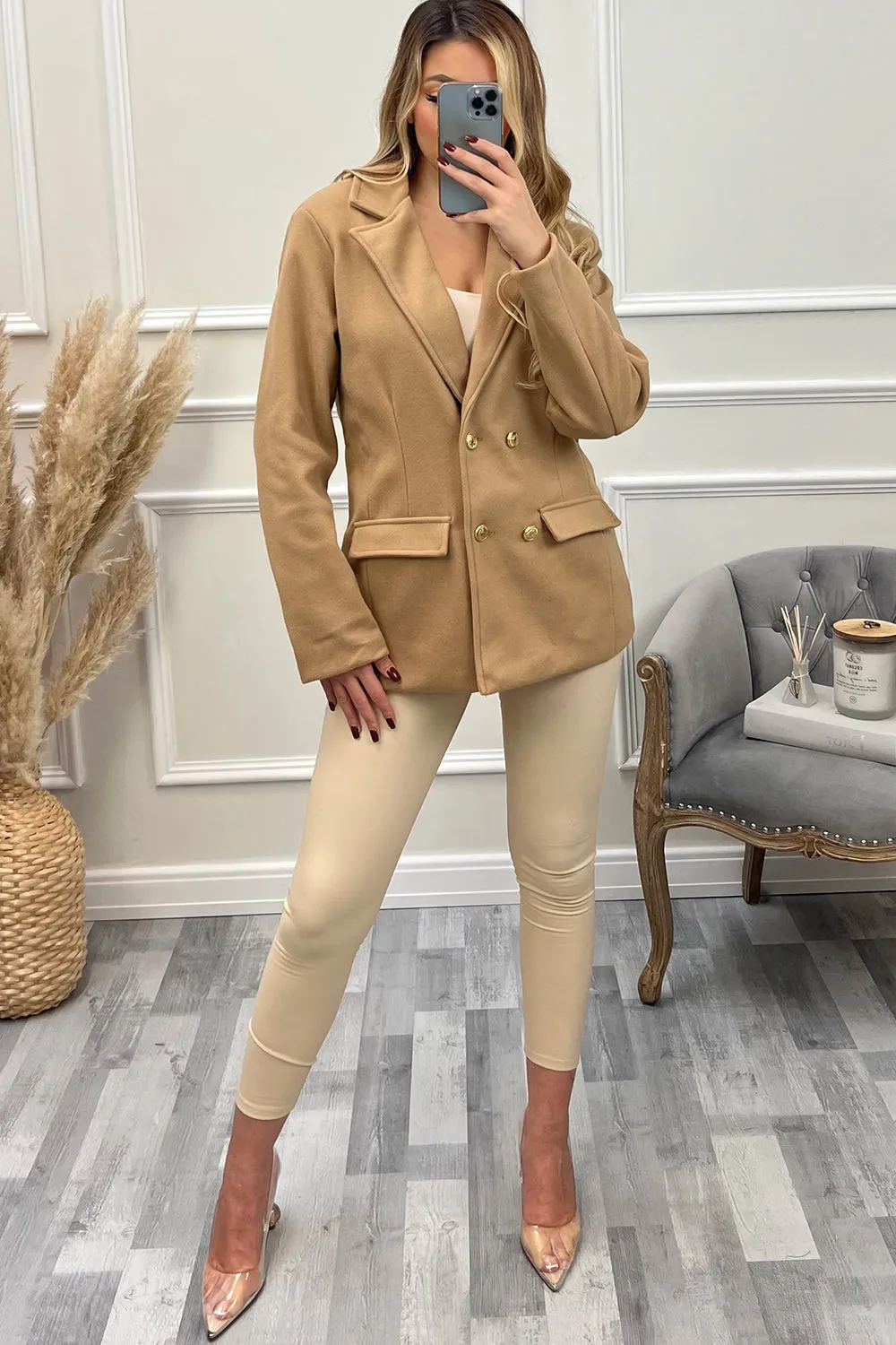 Kaylin Camel Faux Wool Utility Double Breasted Blazer