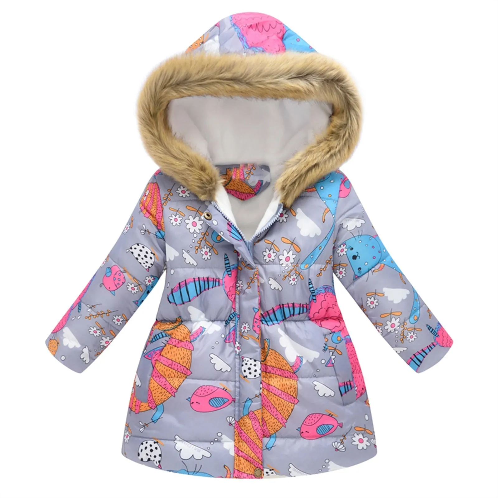 Kids Girls Fur Collar Hooded Winter Parka/Jacket