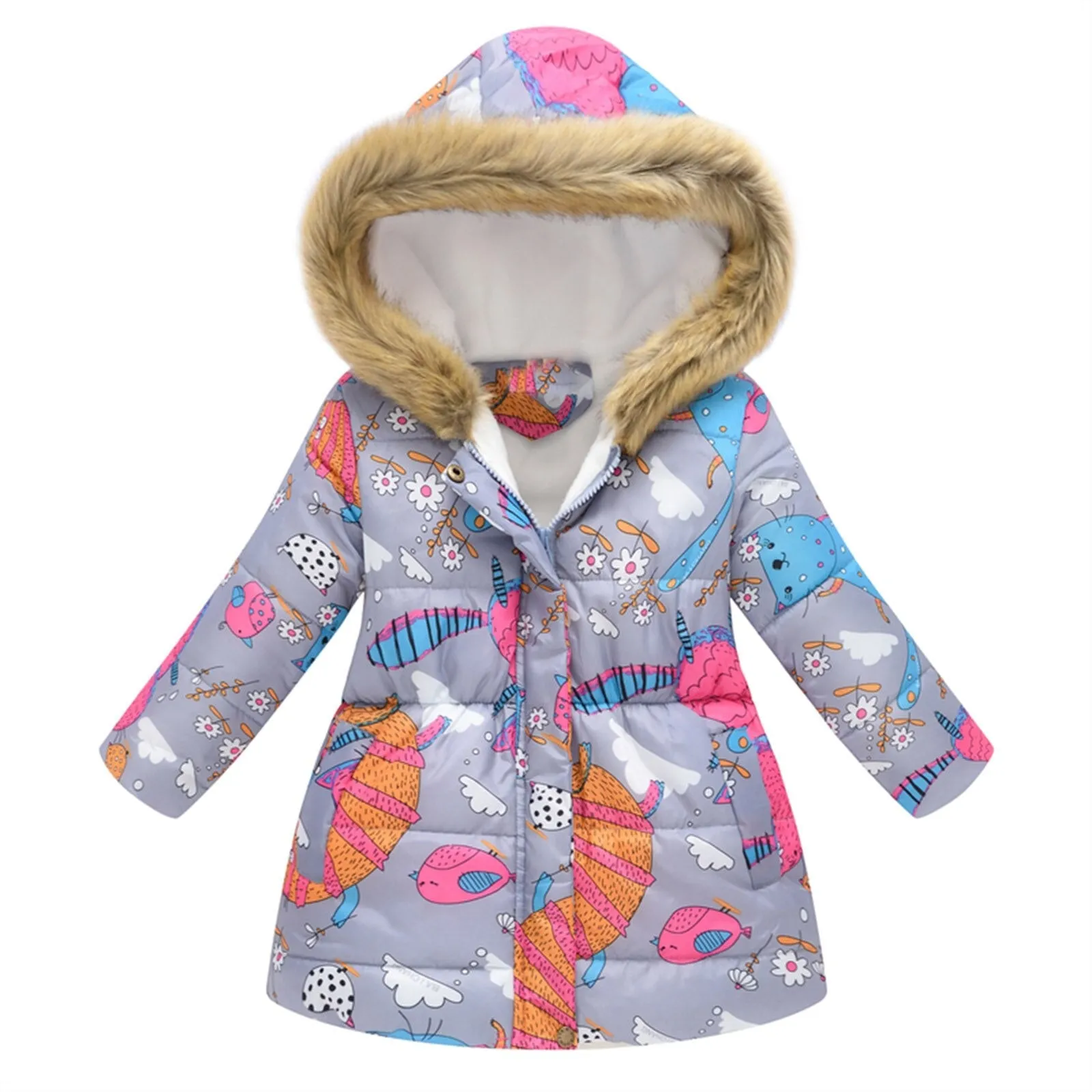 Kids Girls Fur Collar Hooded Winter Parka/Jacket