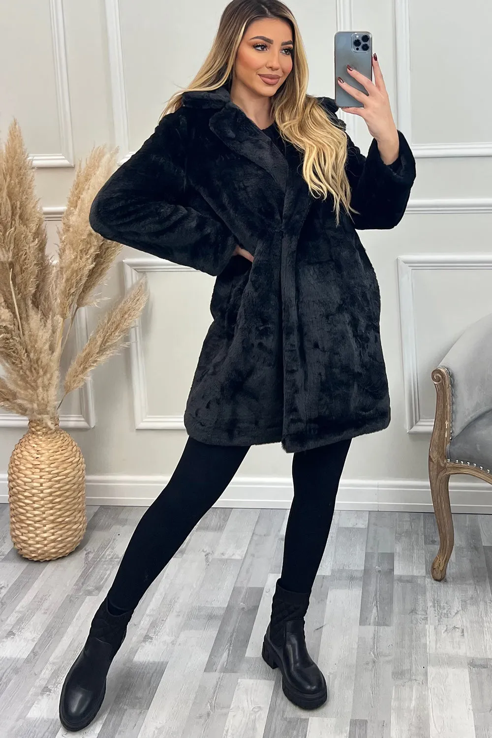 Kira Black Faux Fur Longline Coat