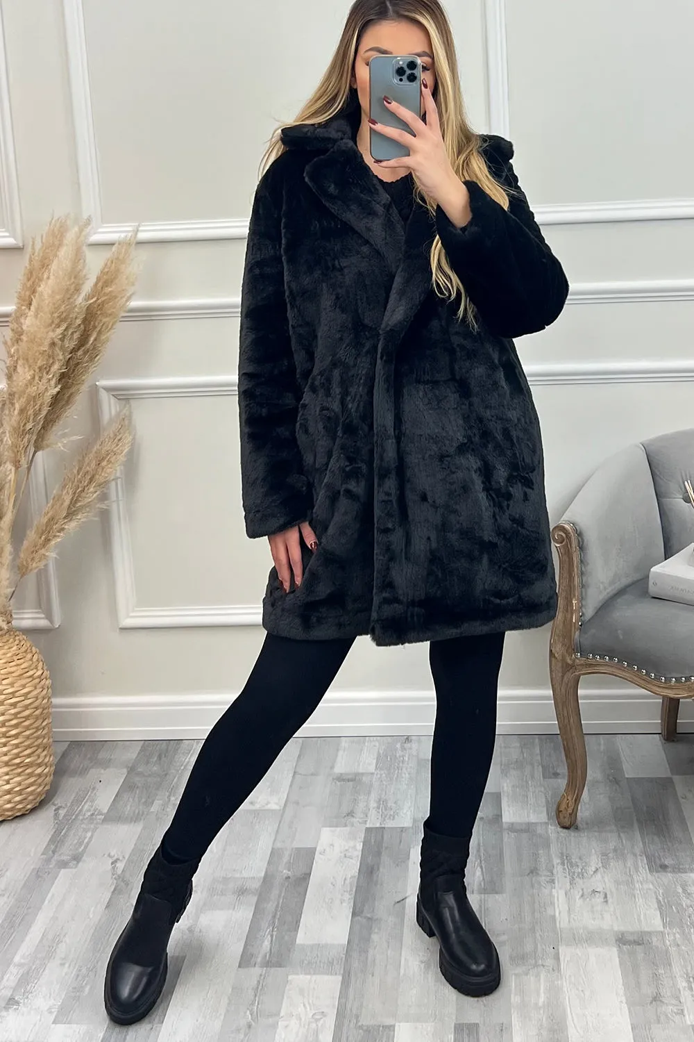 Kira Black Faux Fur Longline Coat
