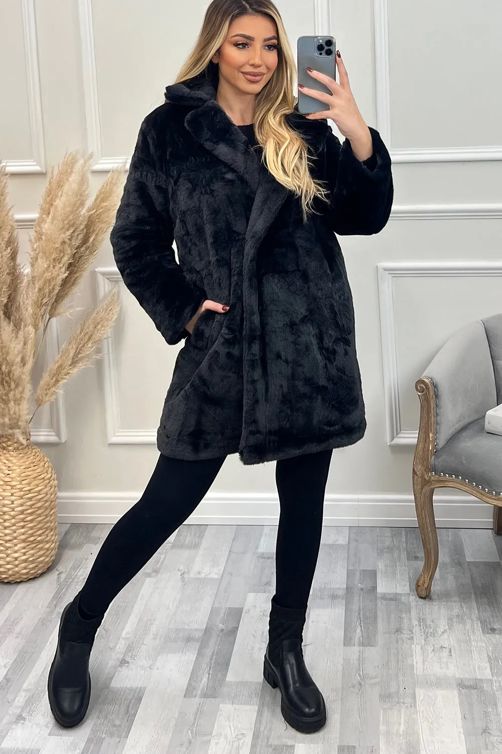Kira Black Faux Fur Longline Coat