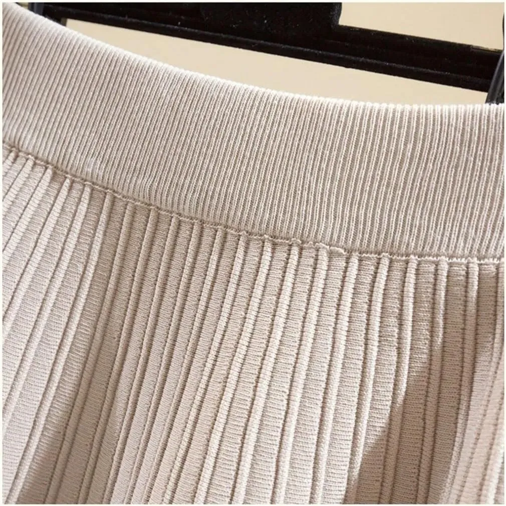 Knitted High Waist Vintage All-Match Skirts for Women Solid A-Line Pleated Skirts