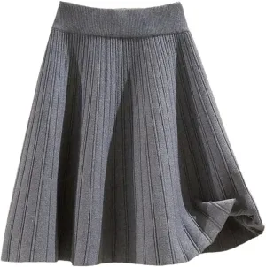 Knitted High Waist Vintage All-Match Skirts for Women Solid A-Line Pleated Skirts