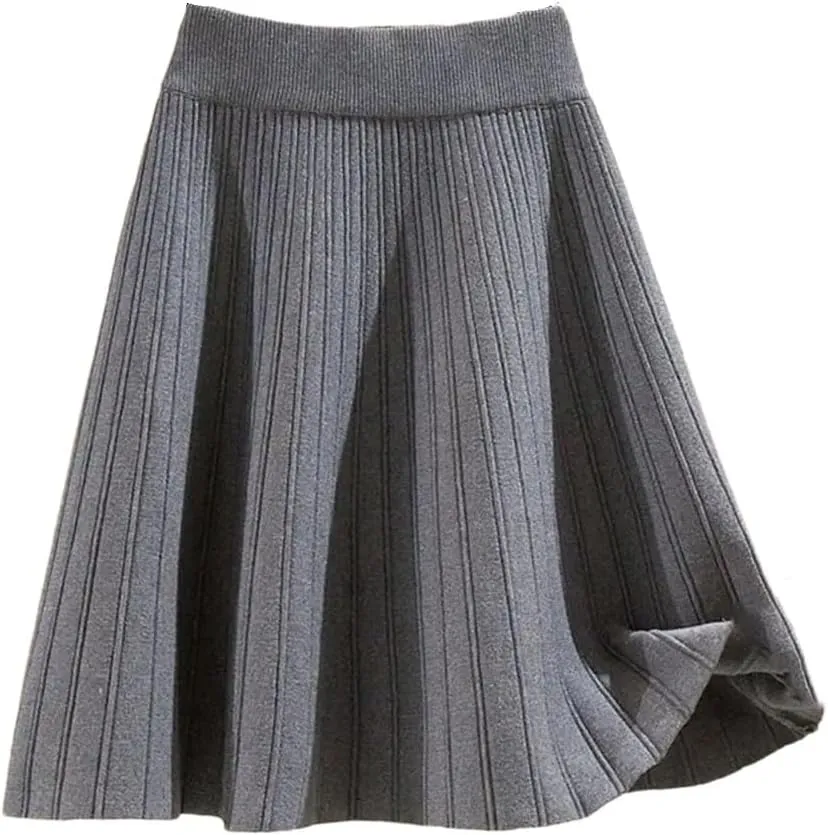 Knitted High Waist Vintage All-Match Skirts for Women Solid A-Line Pleated Skirts