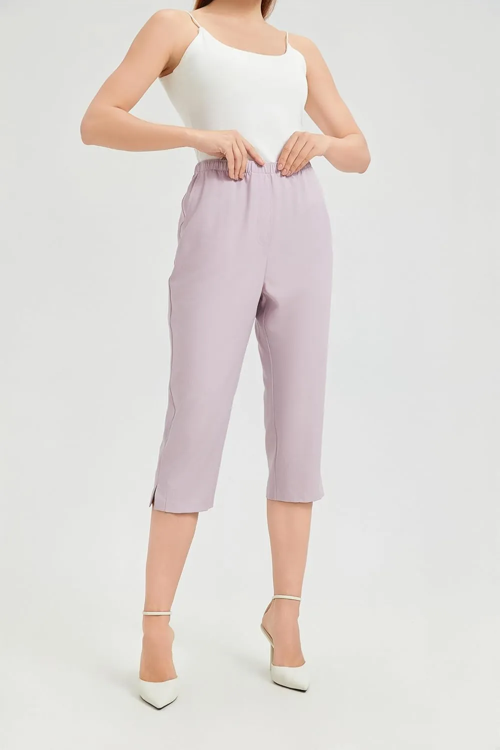 KYAL Women's High Waisted Stretchy Work Capri Pants Straight Leg Business Office Trousers with Pockets