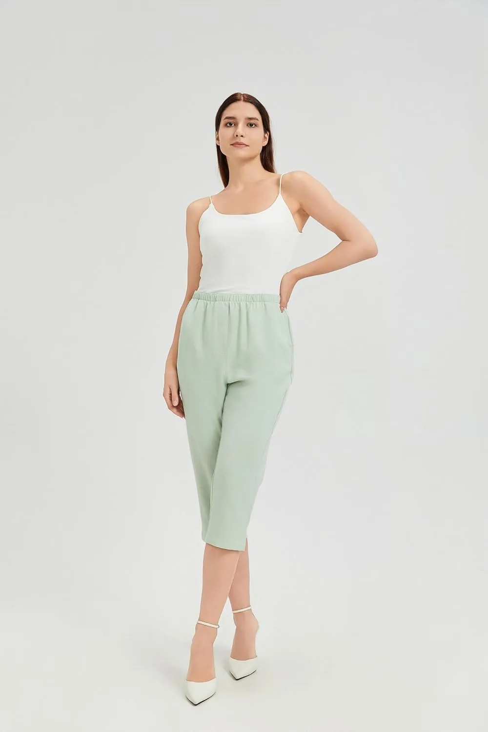 KYAL Women's High Waisted Stretchy Work Capri Pants Straight Leg Business Office Trousers with Pockets
