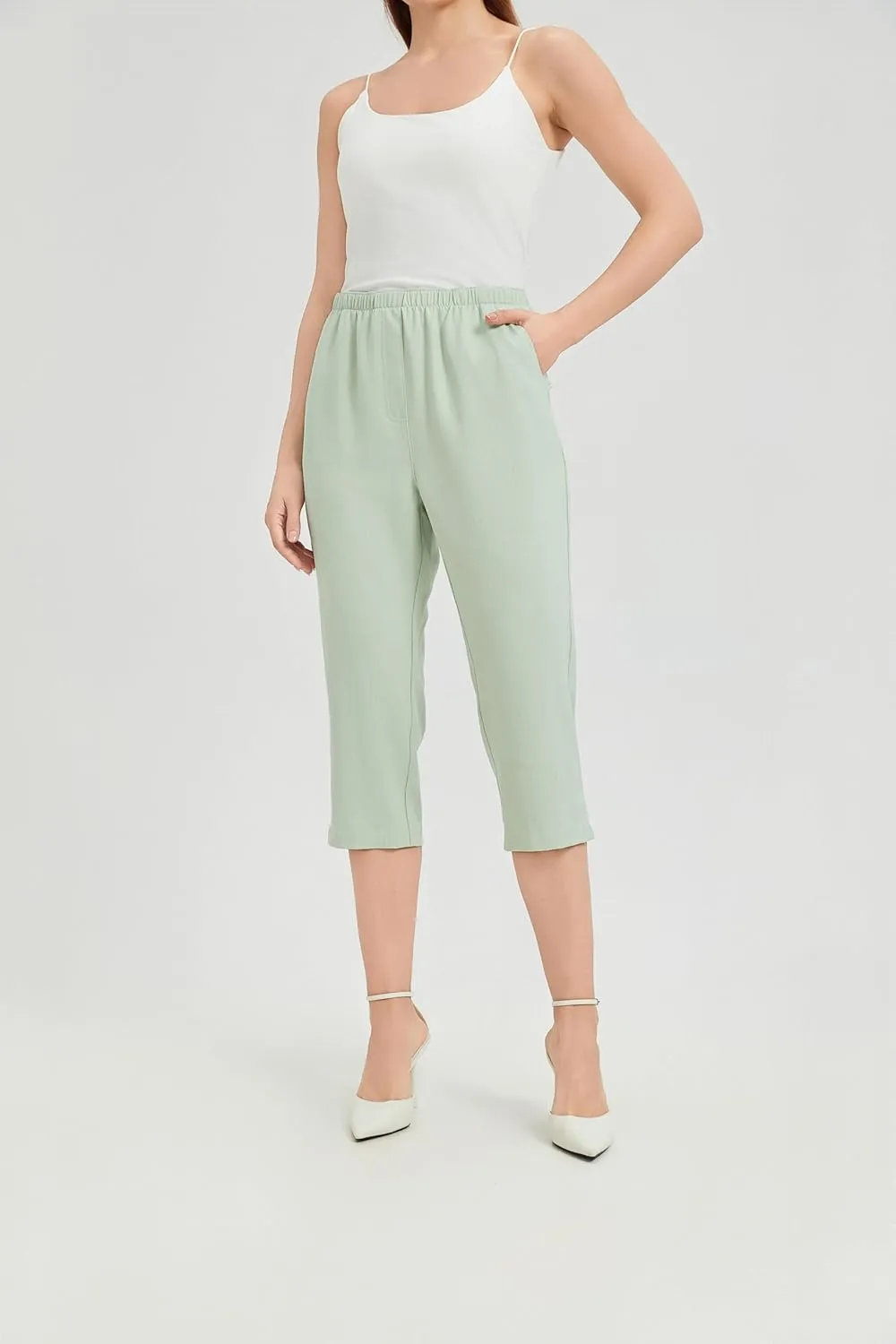 KYAL Women's High Waisted Stretchy Work Capri Pants Straight Leg Business Office Trousers with Pockets