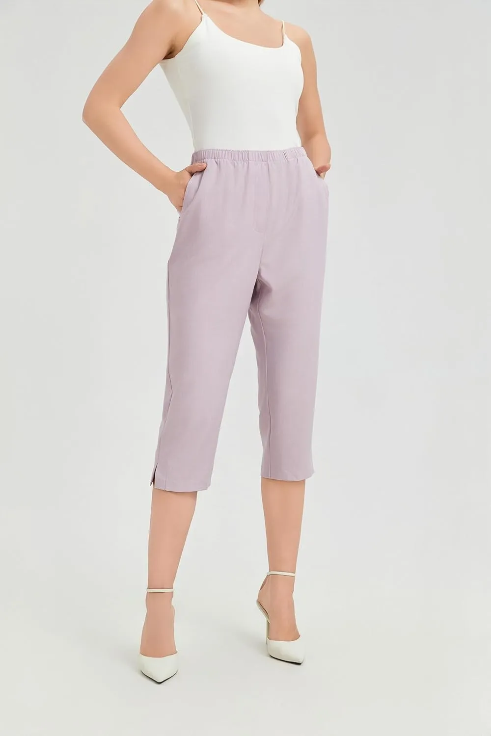 KYAL Women's High Waisted Stretchy Work Capri Pants Straight Leg Business Office Trousers with Pockets