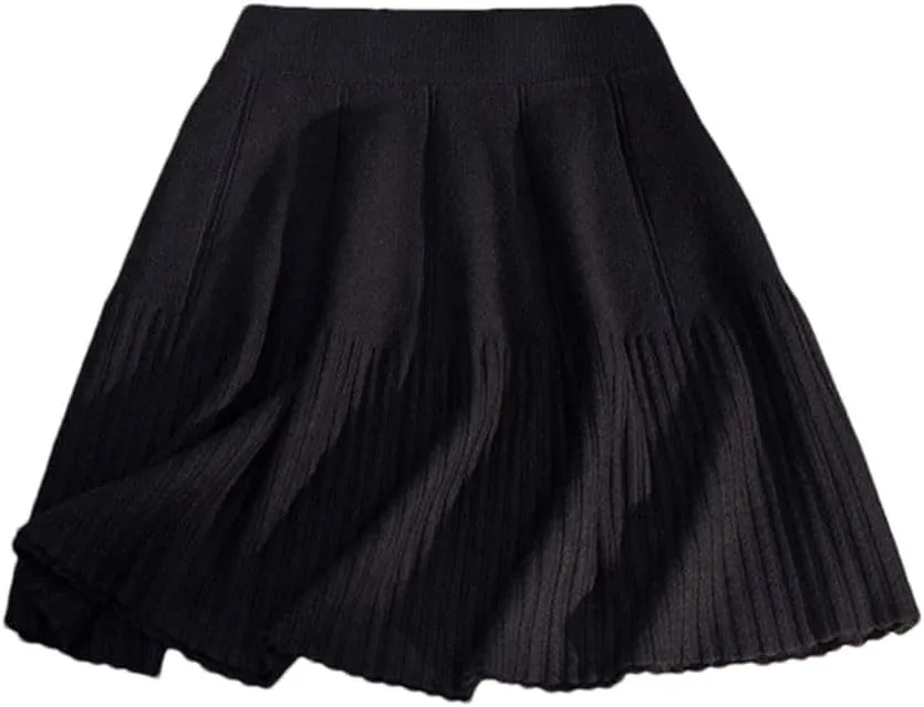 Ladies Solid Color Pleated Knitted Skirt Women's Casual Elastic High Waisted A-Line Short Mini Skirt