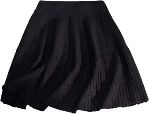 Ladies Solid Color Pleated Knitted Skirt Women's Casual Elastic High Waisted A-Line Short Mini Skirt