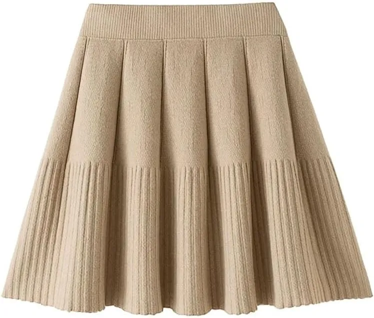Ladies Solid Color Pleated Knitted Skirt Women's Casual Elastic High Waisted A-Line Short Mini Skirt