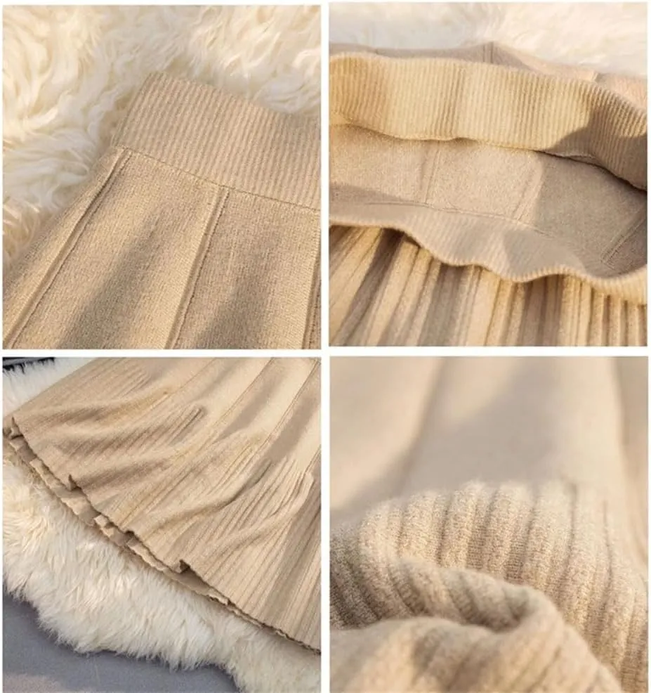 Ladies Solid Color Pleated Knitted Skirt Women's Casual Elastic High Waisted A-Line Short Mini Skirt