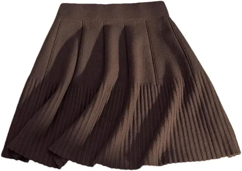 Ladies Solid Color Pleated Knitted Skirt Women's Casual Elastic High Waisted A-Line Short Mini Skirt