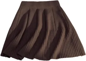 Ladies Solid Color Pleated Knitted Skirt Women's Casual Elastic High Waisted A-Line Short Mini Skirt