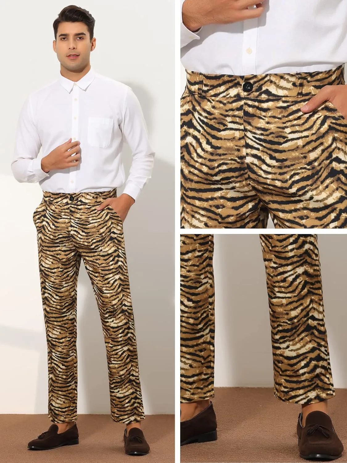 Lars Amadeus Animal Printed Dress Pants for Men's Regular Fit Button Closure Pattern Trousers