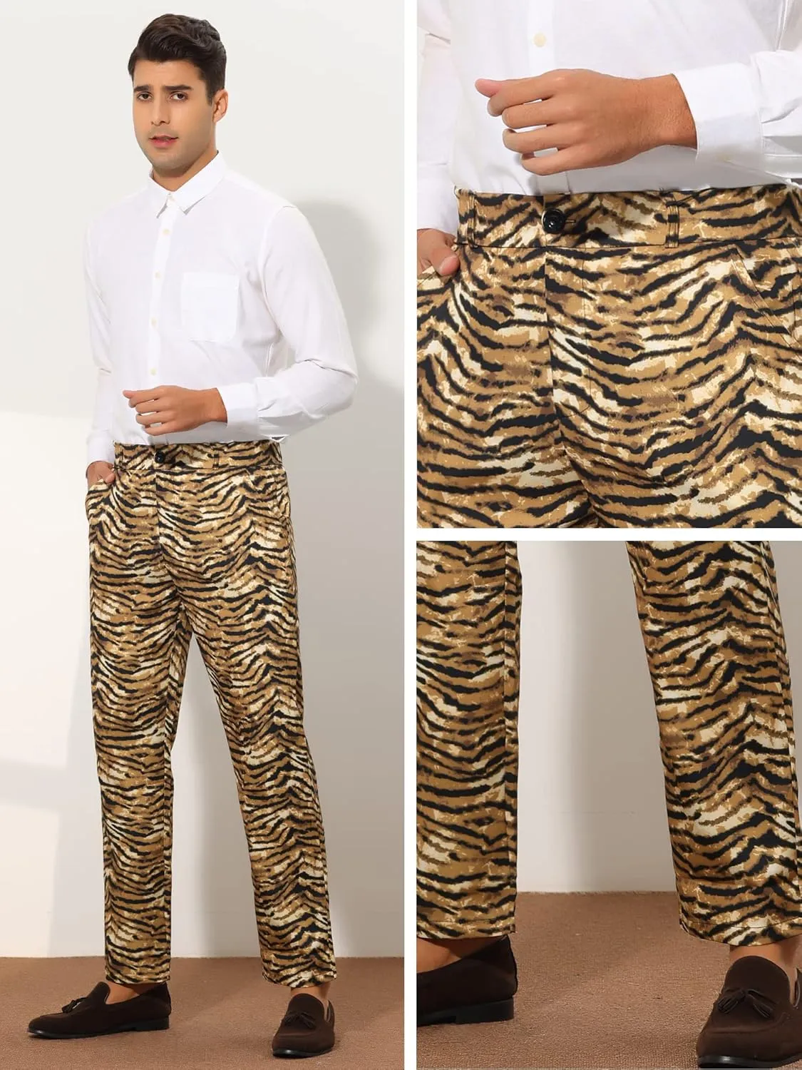 Lars Amadeus Animal Printed Dress Pants for Men's Regular Fit Button Closure Pattern Trousers
