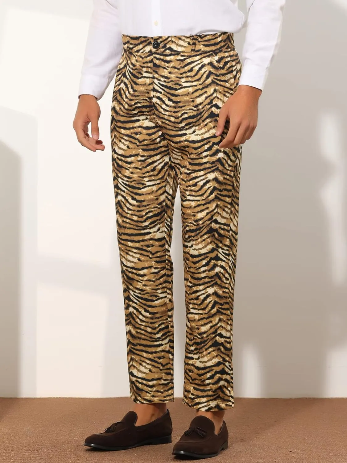 Lars Amadeus Animal Printed Dress Pants for Men's Regular Fit Button Closure Pattern Trousers