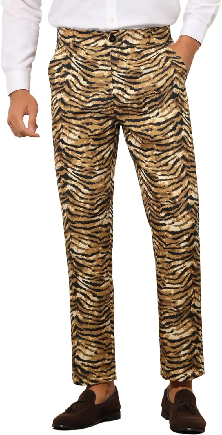 Lars Amadeus Animal Printed Dress Pants for Men's Regular Fit Button Closure Pattern Trousers