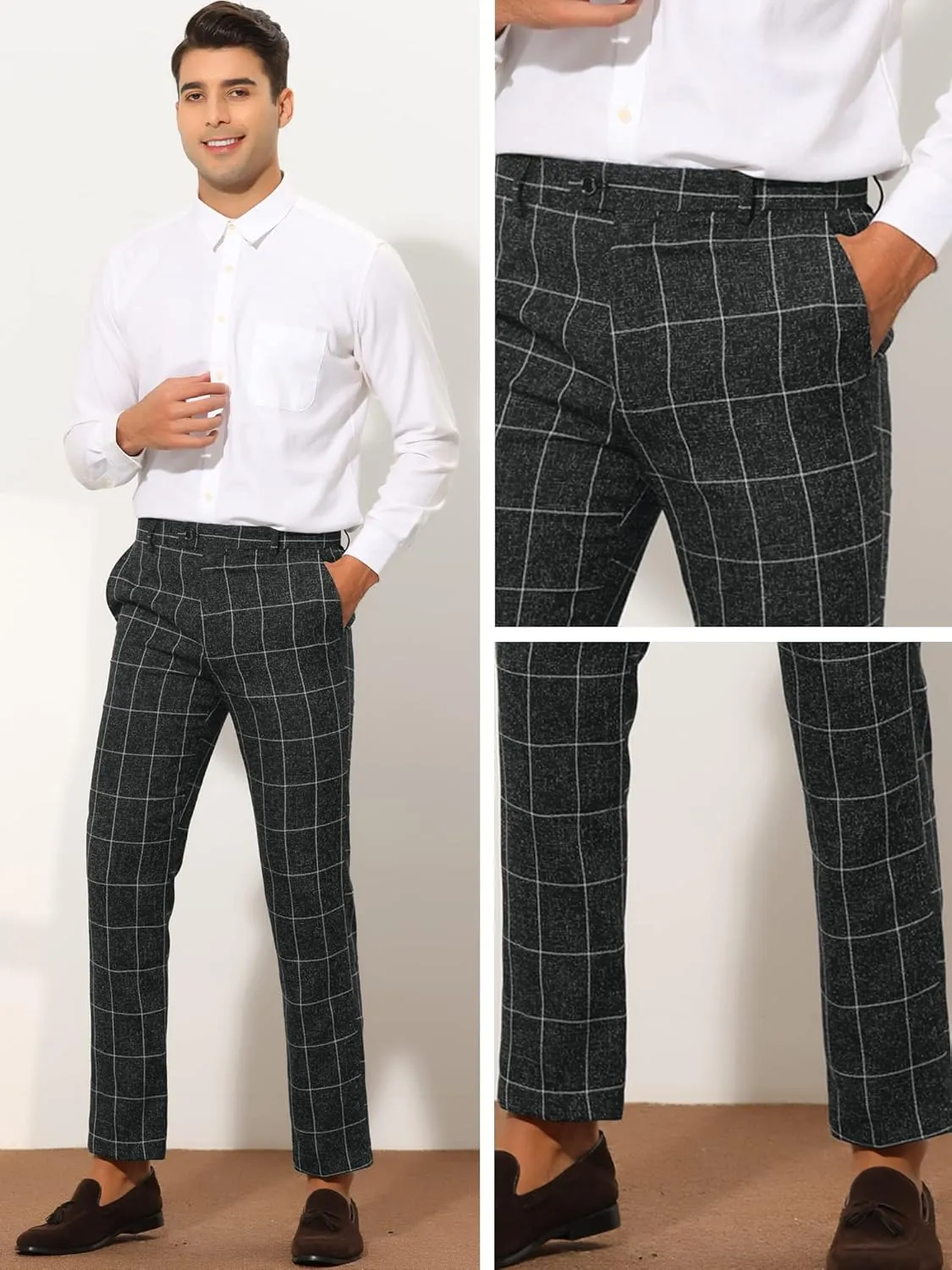 Lars Amadeus Formal Plaid Dress Pants for Men's Slim Fit Business Office Checked Suit Trousers