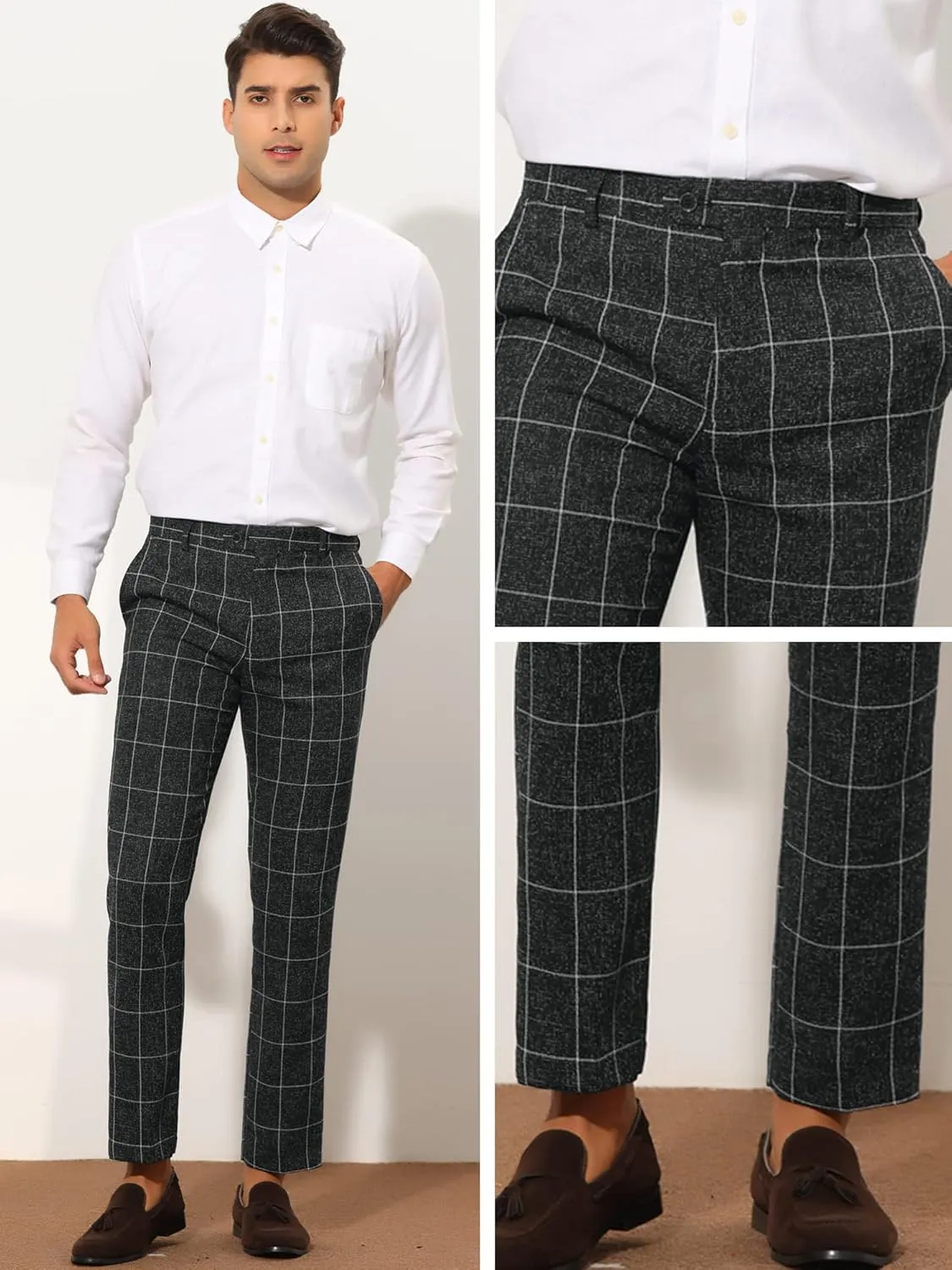Lars Amadeus Formal Plaid Dress Pants for Men's Slim Fit Business Office Checked Suit Trousers
