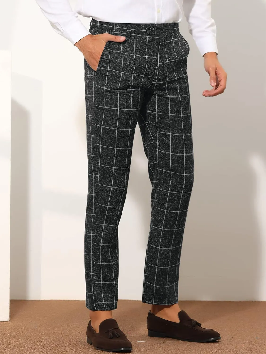Lars Amadeus Formal Plaid Dress Pants for Men's Slim Fit Business Office Checked Suit Trousers